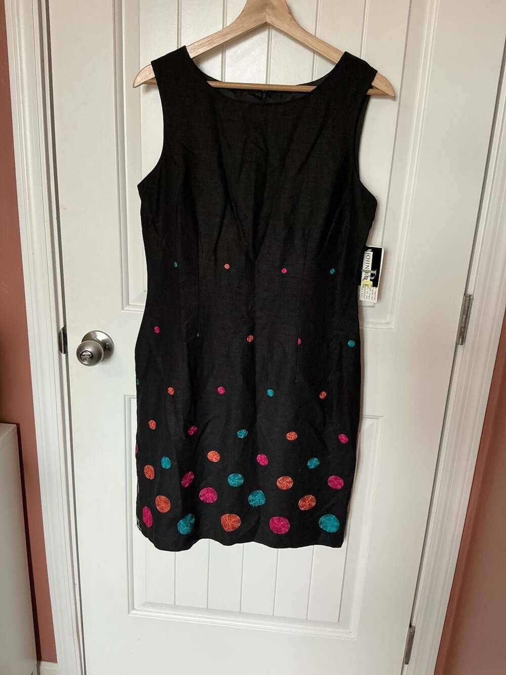 NWT Vintage John Roberts Linen Blend Embroidered Polka Dot Sheath Dress W10 Blac